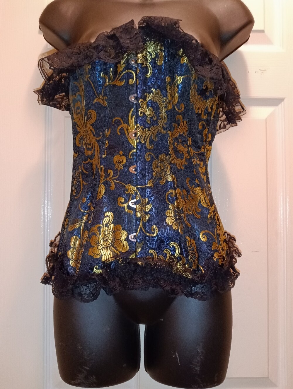 Vacoto Lace-Trim Strapless Brocade Coset Lace-Up Top in Blue & Gold Sz S